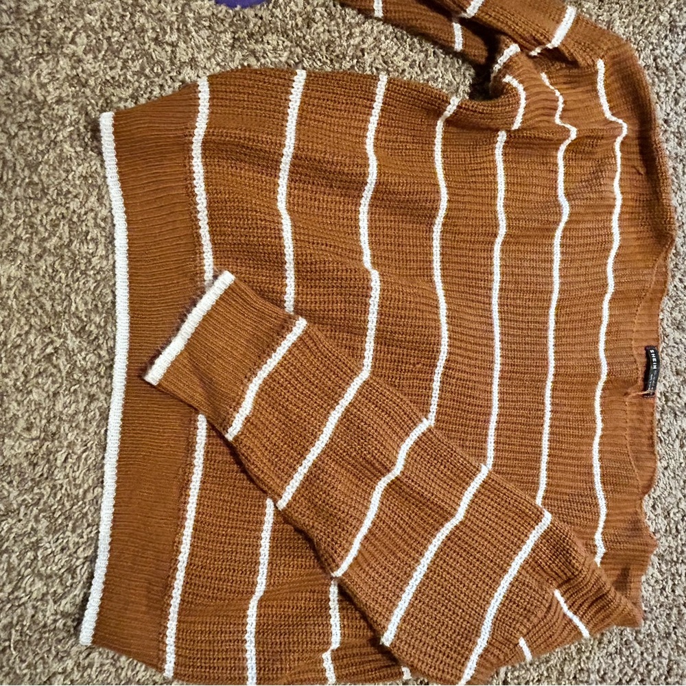 SHEIN Brown Striped Knit Pullover with White Accents